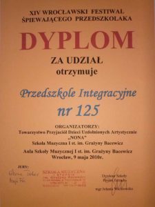 Dyplom za udział - XIV Wrocławski Festiwal Śpiewającego Przedszkolaka