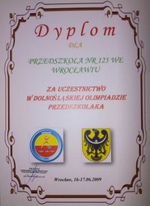 Dyplom za udział w Dolnosląskiej Olimpiadzie Przedszkola