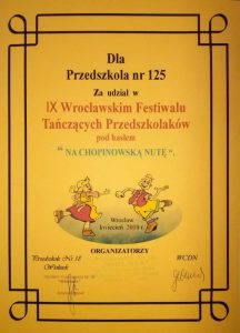 Dyplom za udział w IX Wrocławski Festiwalu Tańczacych Przedszkolaków