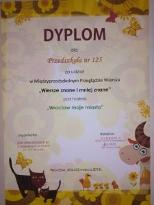 Dyplom za udział w Międzyszkolnym Przeglądzie Wiersza - Wiersze znane i mniej znane pod hasłem Wrocław moje miasto