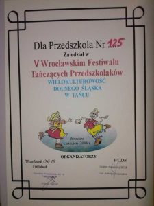 Dyplom za udział w V Wrocławskim Festiwalu Tańczących Przedszkolaków