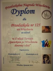 Dyplom za udział w X edycji Turnieju - Spacerkiem po Wrocławiu dawniej i dziś