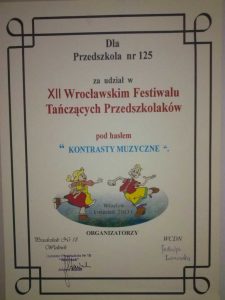 Dyplom za udział w XII Wrocławskim Festiwalu Tańczących Przedszkolaków