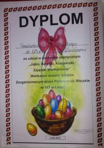 Dyplom za udział w konkursie - Jajko, Baranki, Kurczaczki, Zajączki Wielkanocne